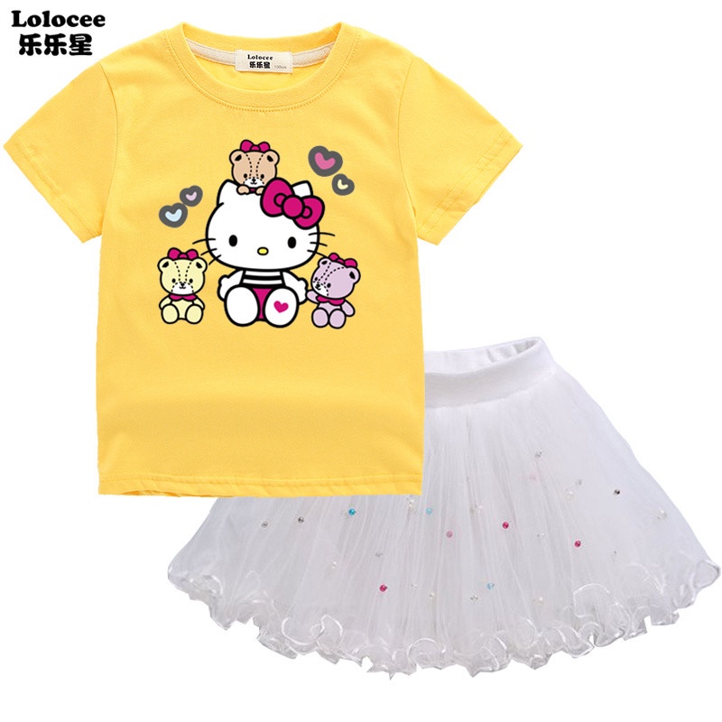 Set Áo Thun In Hình Hello Kitty Và Chân Váy Xòe Đáng Yêu Dành Cho Bé Gái