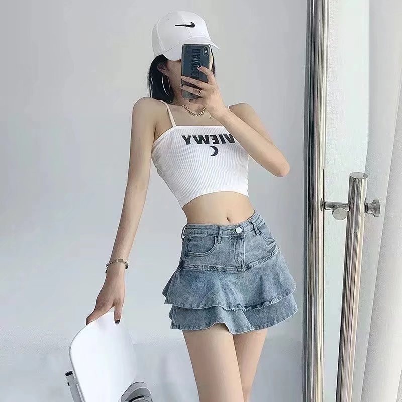 Chân váy jean Chữ A Lưng Cao Giả Hai Lớp Phong Cách Hàn Quốc Mới