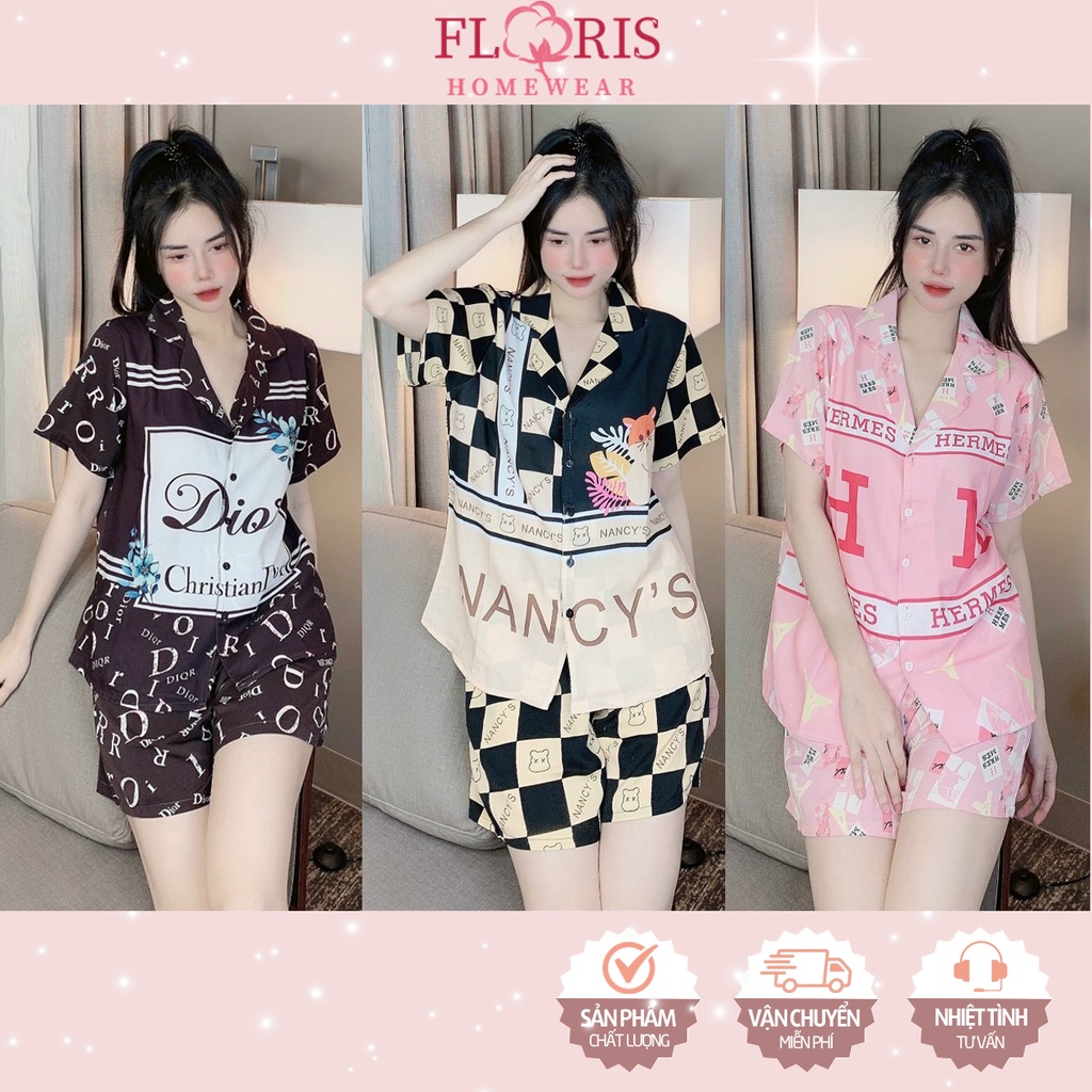 Bộ ngủ pijama lụa mango in 3D tay ngắn quần ngắn cổ vest Floris homewear vải mềm mịn thoáng mát