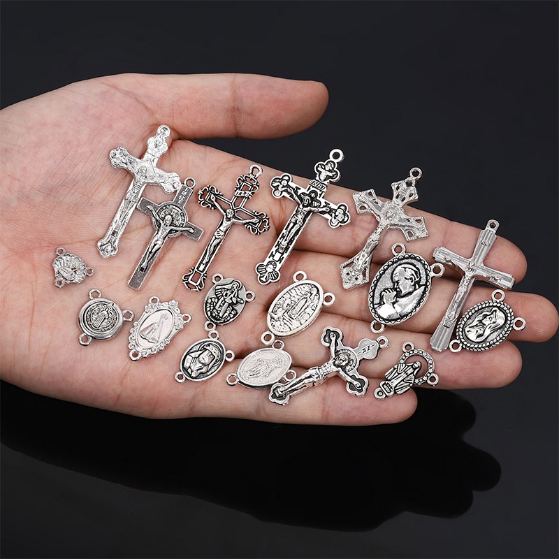 10 cái khác nhau Christian Vintage nhỏ Trinh Nữ Maria kết nối Chúa Thánh Thần Chúa Giêsu Cha Anthony Pendant Cross Bracelet kết nối