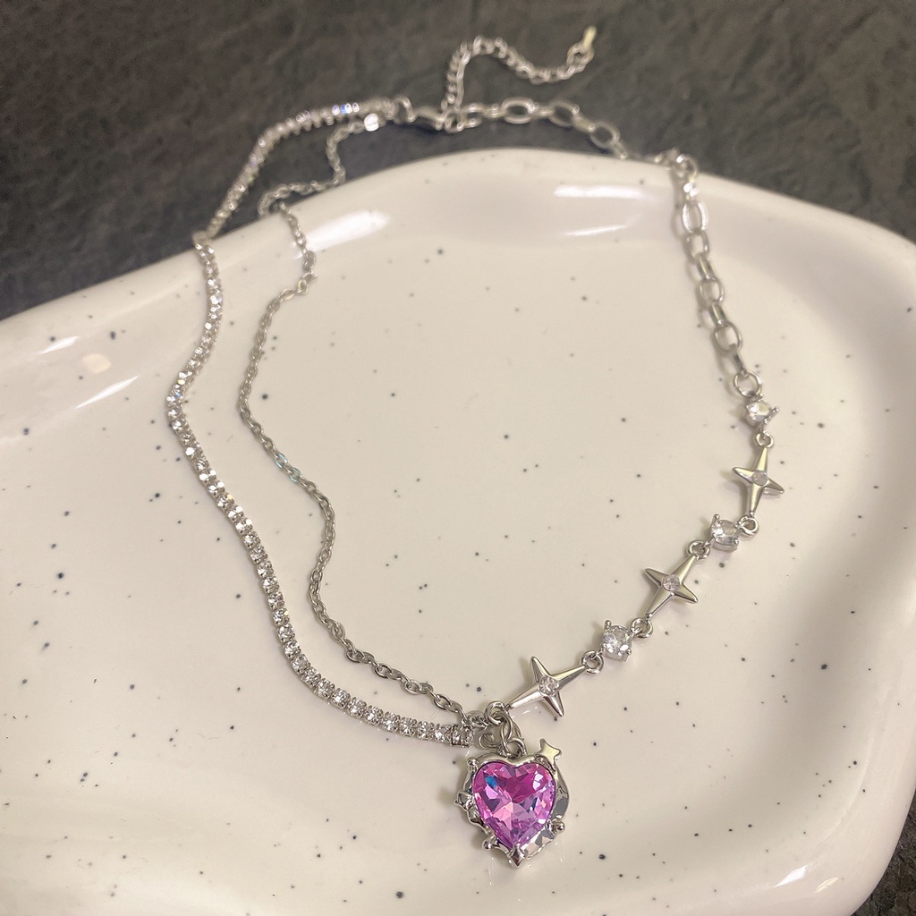 Dây chuyền 17KM mặt trái tim màu hồng đính đá zircon nhân tạo phong cách Y2K cá tính ngọt ngào