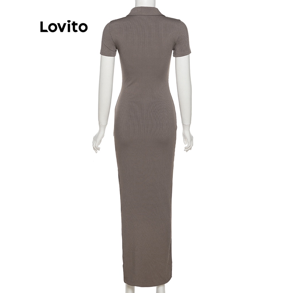 Đầm LOVITO tay ngắn cổ polo ôm dáng cắt xẻ màu trơn thường ngày