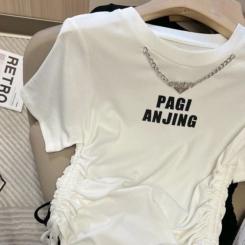 Áo Thun Tay Ngắn Cổ Tròn In Chữ Phối Dây Rút Thời Trang Mùa Hè Cho Nữ