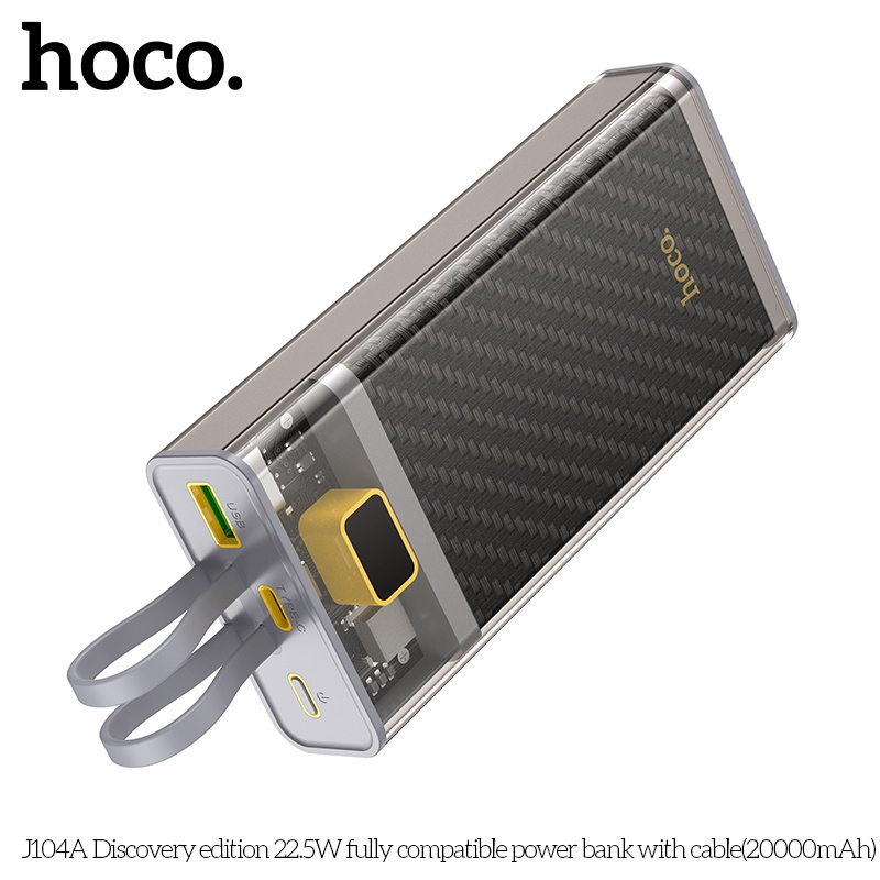 Pin dự phòng Hoco J104A 20000mAh QC3.0 22.5W, PD TypeC 20W, Kèm 2 cáp sạc (Xám) - Hãng phân phối