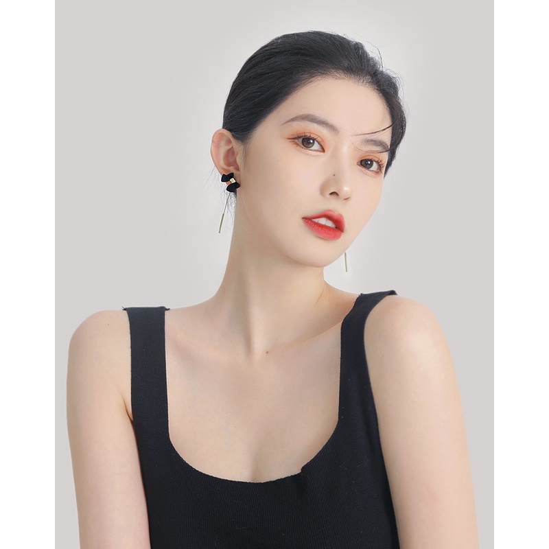 Bông Tai Mạ Bạc 925 Dáng Dài Đính Nơ Tua Rua Màu Đen Phong Cách Hàn Quốc Thời Trang 2023 Cho Nữ