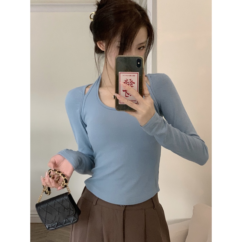 Áo kiểu tay dài ôm dáng màu xanh dương nữ tính