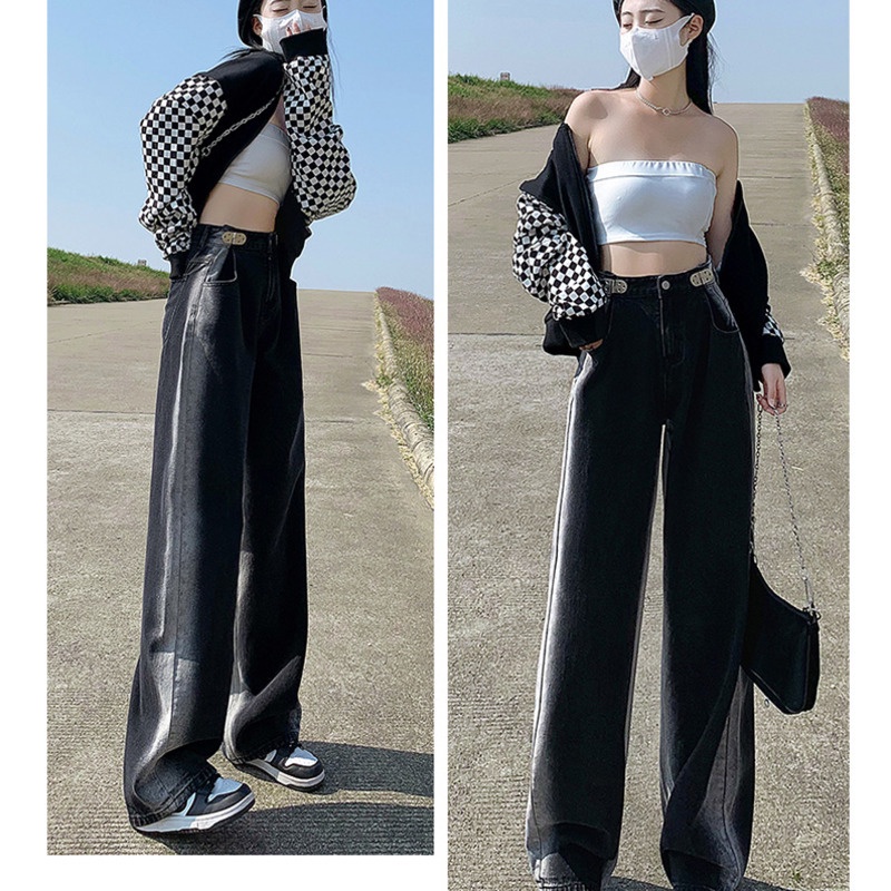 Quần Denim Lưng Cao Ống Rộng Màu Sắc Tương Phản Phong Cách Hàn Quốc