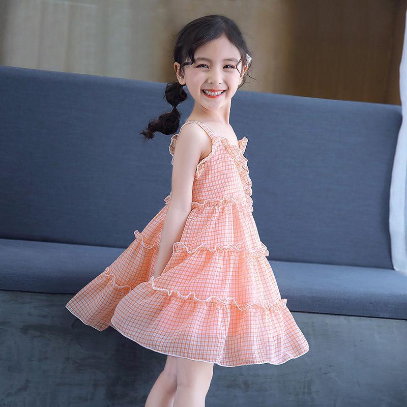 Đầm Công Chúa Hai Dây Vải Voan Kẻ Sọc Caro Nhỏ Thời Trang Đi Biển Cho Bé Gái