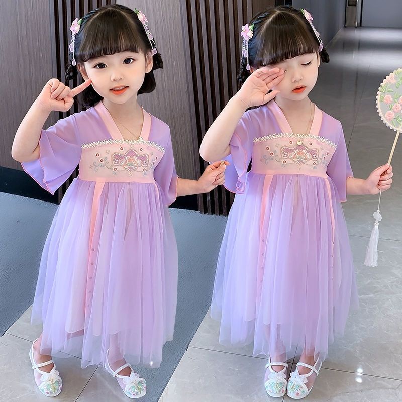 Đầm Hán Phục Thêu Hoa Phong Cách Trung Hoa Cổ Điển Dành Cho Bé Gái Kích Thước 90-130