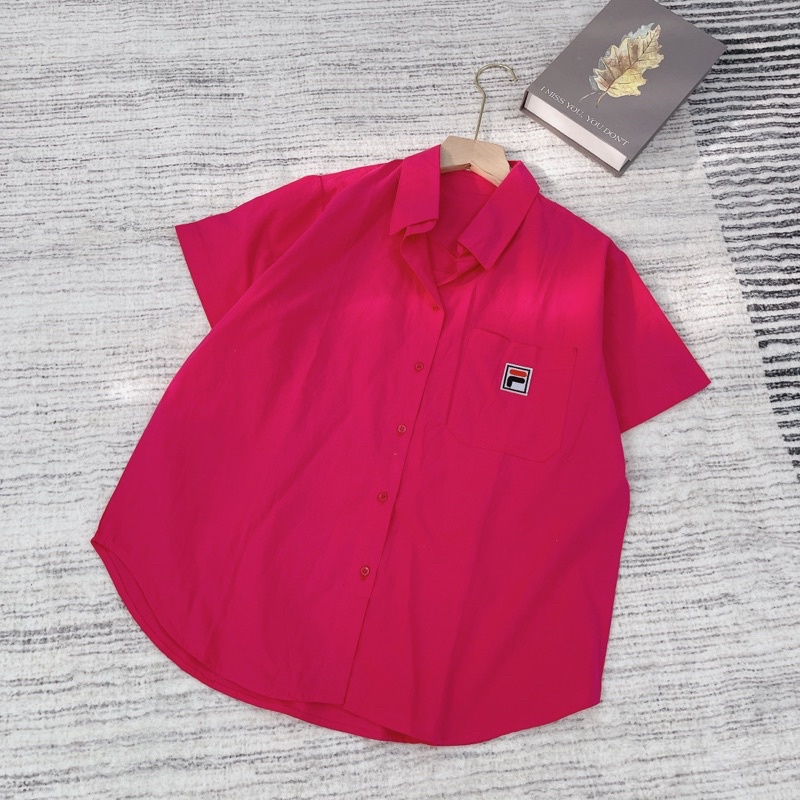 Áo sơ mi tay ngắn thêu chất cotton bột phom rộng freesize