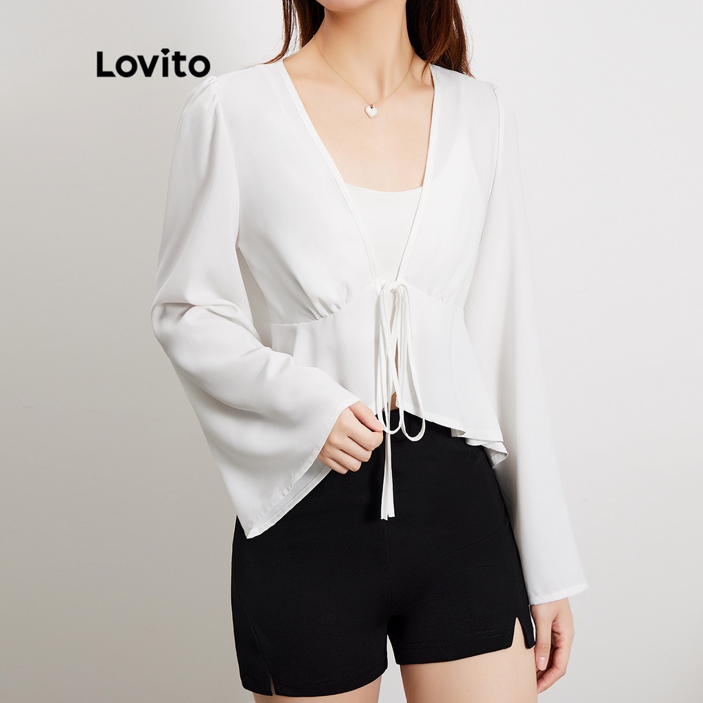 (Vật phẩm thiết yếu) Cổ chữ V cổ điển dây rút màu trơn phía trước thiết kế xếp nếp