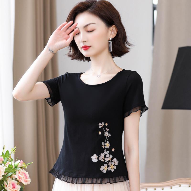 Áo Thun Cotton Mùa Hè Tay Ngắn Viền Xếp Nếp Thêu Họa Tiết Có 2 Kiểu Cho Nữ Size M-5Xl