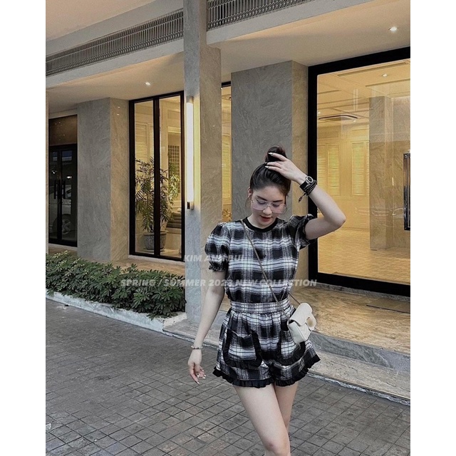 Sét kẻ caro đen trắng viền bèo