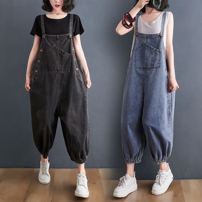 Quần Yếm Denim Ống Rộng Ống Đứng Thời Trang Mùa Hè Hàn Quốc 2021 Cho Nữ