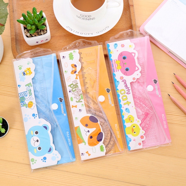 Thước Bộ Học Sinh, Văn Phòng,  Combo 4 Món Có Túi Đựng Họa Tiết Dễ Thương DCHT
