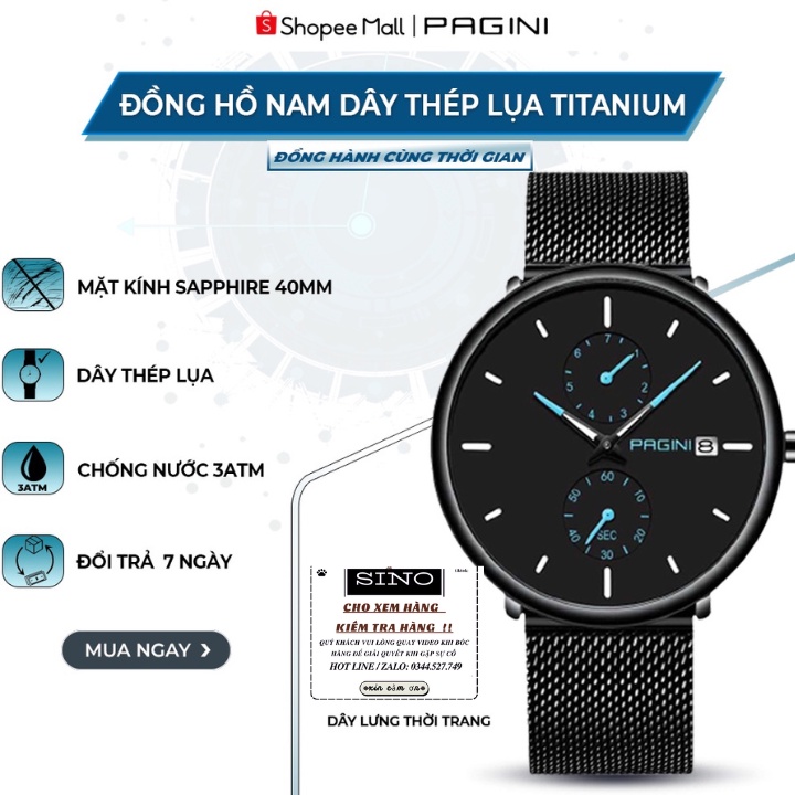 Đồng Hồ Nam PAGINI PA9966 Dây Titanium Cao Cấp - Đồng Hồ Kim-Kim Dạ Quang Có Lịch Ngày - Chống Nước - BH Hãng 12 Tháng
