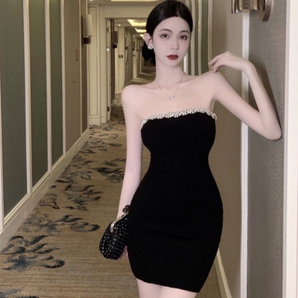 Đầm Ống Đính Đá Lấp Lánh Màu Đen Phong Cách Cổ Điển Thời Trang Xuân Hè Quyến Rũ Cho Nữ