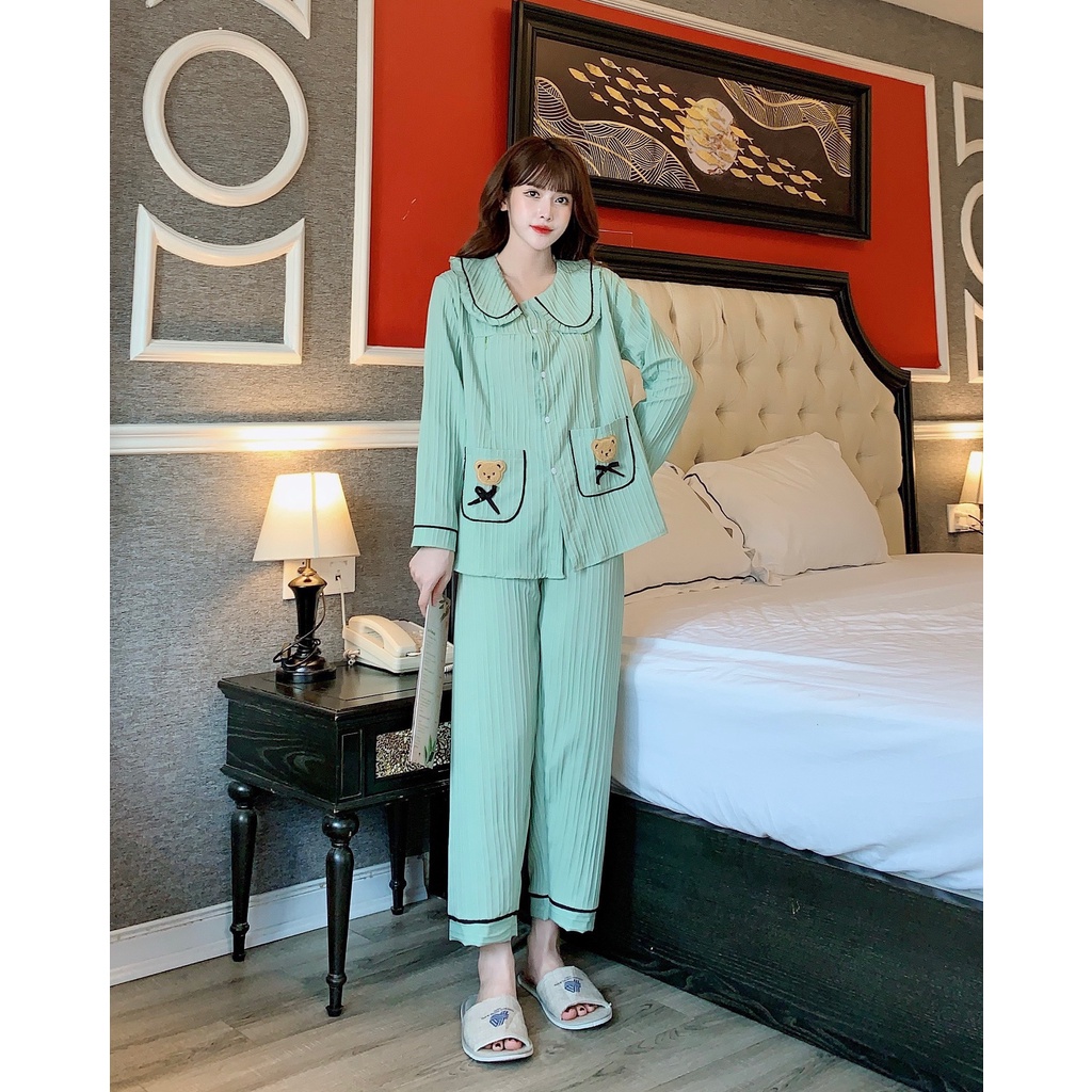 Bộ đồ bầu pyjama viền bèo, áo dài quần dài chất ĐŨI GÂN đẹp mặc bầu và sau sinh BD960