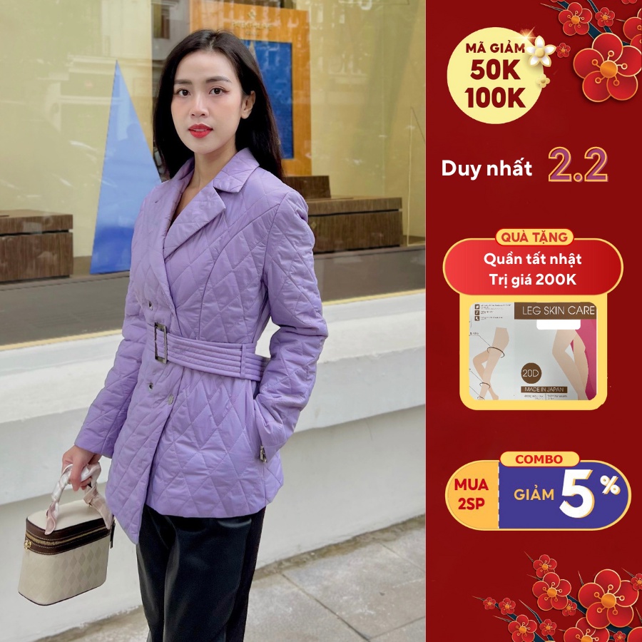 Áo khoác phao trần trám HeraDG thiết kế cổ vest dáng ngắn vạt lệch kèm đai rời 3 lớp trần bông Nano cao cấp WJKBB3002