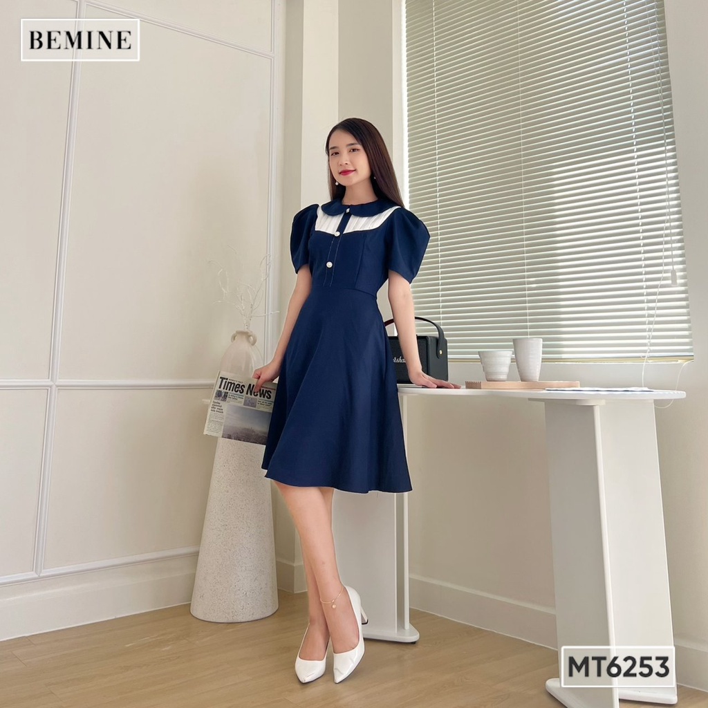 Đầm cổ sen phối ngực đính nút BEMINE MT6253