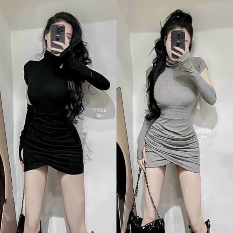 Đầm Body nữ hở khoét vai cổ lọ tay ngắn cá tính