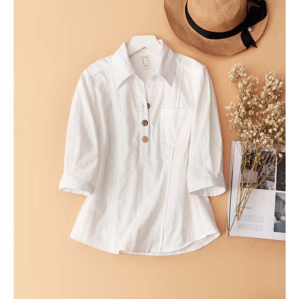 Áo sơ mi kiểu nữ trung niên tay lỡ linen 2 da màu trắng KACHISA 767JIT, form vừa vặn, tôn dáng cho các chị