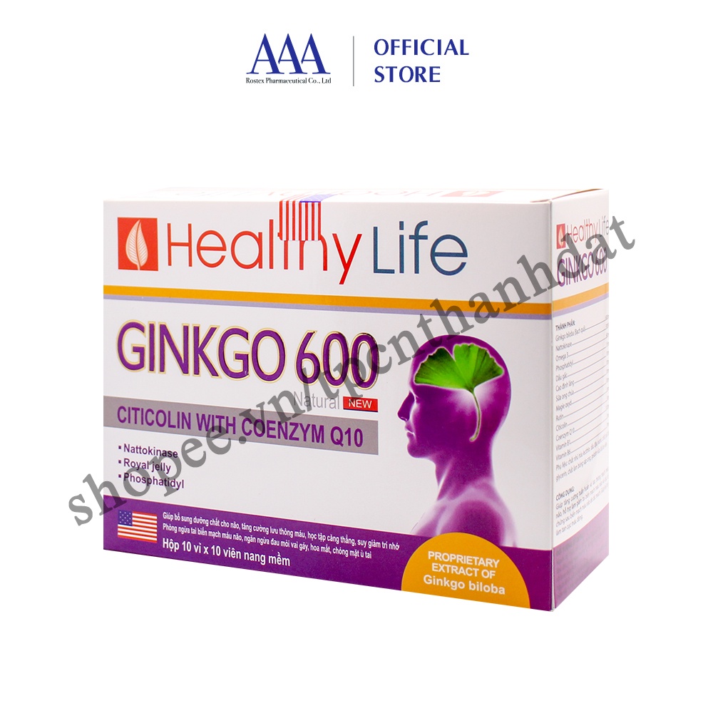 Viên uống bổ não GINKGO 600 hỗ trợ tăng cường tuần hoàn não, tăng cường trí nhớ giảm đau đầu - Hộp 100 viên
