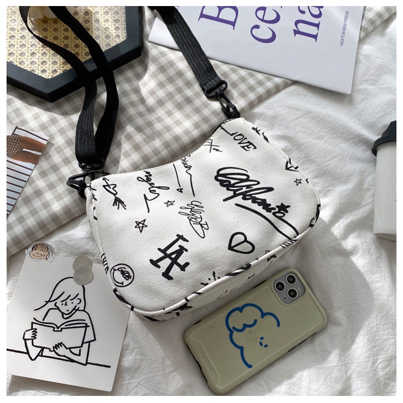 One Túi Vải canvas Đeo Chéo Sức Chứa Lớn In Họa Tiết graffiti Thời Trang Cho Nữ