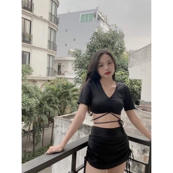 Đồ bơi nữ bikini 2 mảnh kín đáo áo croptop tay ngắn dây rút Hà _H100