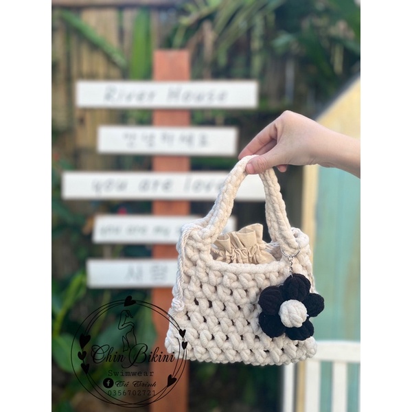 TÚI LƯỚI LEN ĐAN MÓC CROCHET NETBAG- TÚI MINI KÈM TÚI VẢI CHAME HOA
