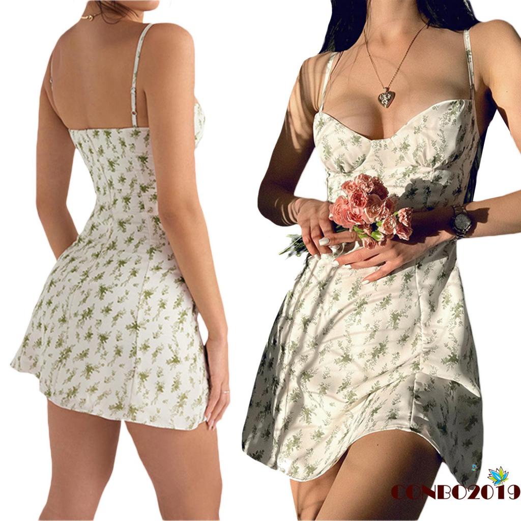 Hgm Đầm Hai Dây Mỏng Thấp Không Tay Màu Trơn In Họa Tiết Hoa Cho Nữ