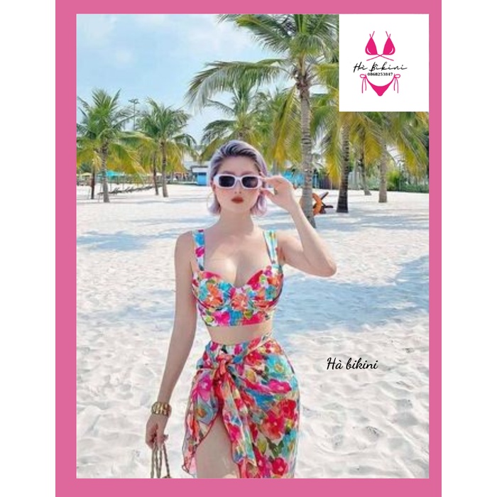 SET BIKIBI, ĐỒ BƠI ĐI BIỂN HOA HỒNG KÈM KHĂN MẪU MỚI SEXY HA BIKINI M15