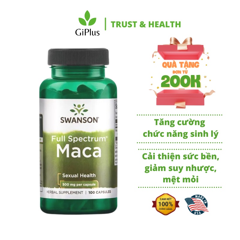 Viên Uống Hỗ Trợ Tăng Cường Sinh Lý Swanson Full Spectrum Maca 500mg (100 Viên/Lọ)