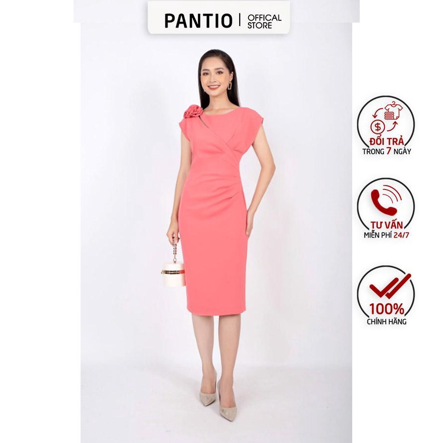 FDC73510 - Đầm công sở vải tuytsi dáng ôm vai chờm cut out đính hoa 3D eo xếp nếp tạo kiểu - PANTIO