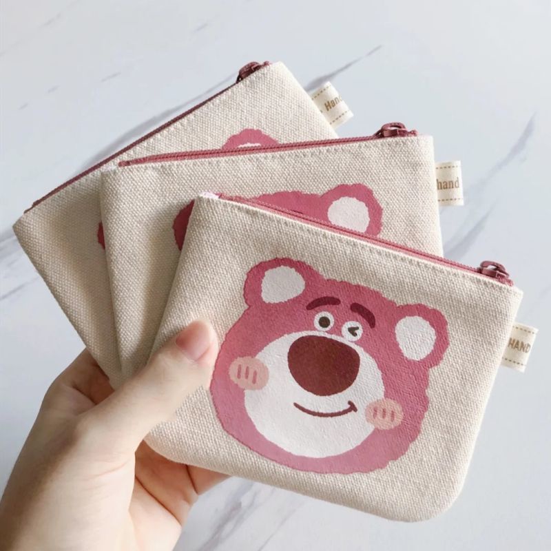 Túi Đựng Mỹ Phẩm / Tiền Xu / Son Môi Vải Canvas Cỡ Lớn In Hoạt Hình Gấu Dâu Tây Dễ Thương