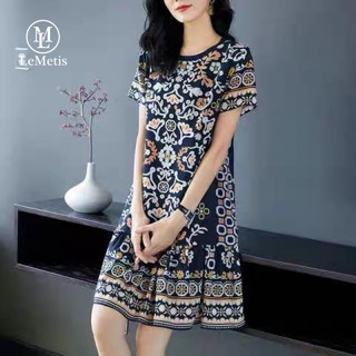 LeMetis Đầm Midi Tay Ngắn Cổ Tròn In Họa Tiết Thời Trang Xinh Xắn Cho Nữ