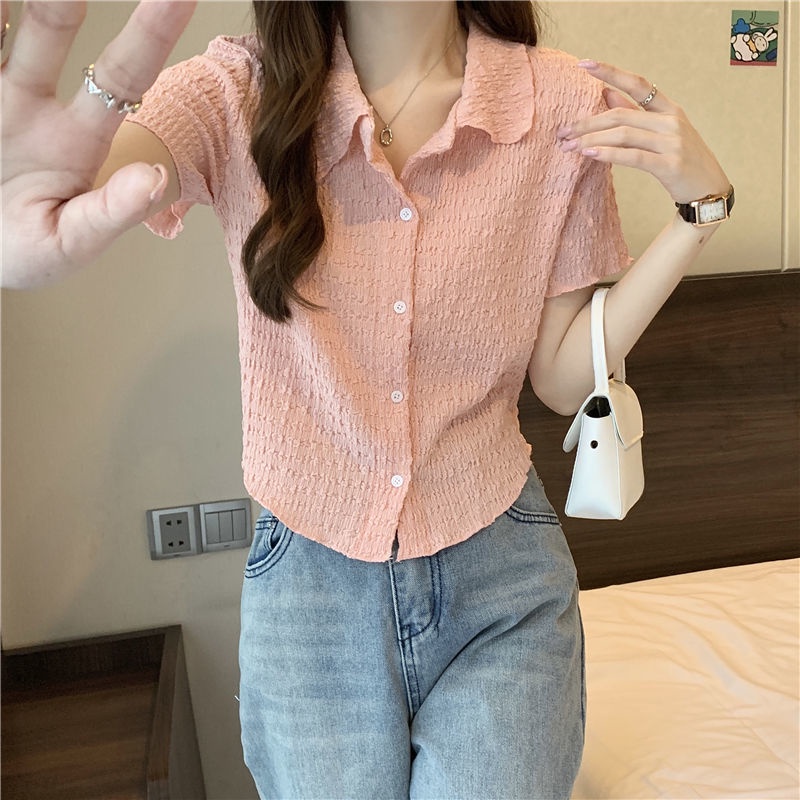 IELGY  Áo Kiểu Xếp Ly Dáng Ngắn Phong Cách retro Thời Trang Cho Nữ