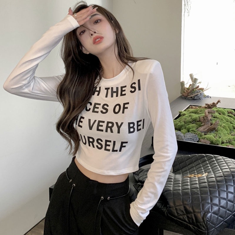Áo thun XINLANYASHE tay dài cổ tròn in chữ phong cách Hàn Quốc dành cho nữ