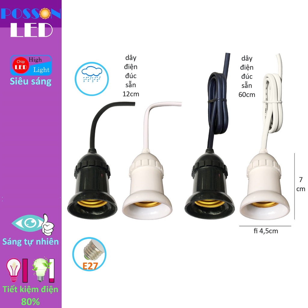 10 Đui chuôi đèn E27 chống nước mưa đuôi xoáy fi27mm đúc liền dây điện 12cm 60cm treo trang trí ngoài trời Posson LH-ODx