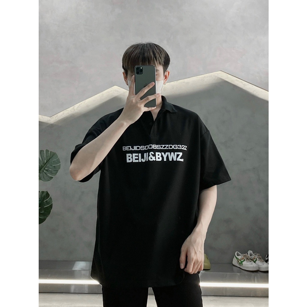 Áo Thun Polo Nam Màu Đen In Chữ Trắng Form Rộng Chất Liệu Cotton VNXK