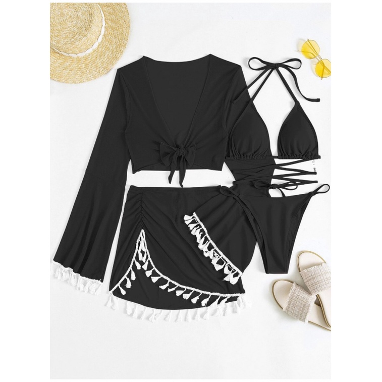 Bộ Đồ Bơi Lưới Bốn Mảnh Màu Trơn Tua Rua Xuyên Biên Giới Mới Năm 2023 Phong Cách Âu Mỹ Cho Nữ