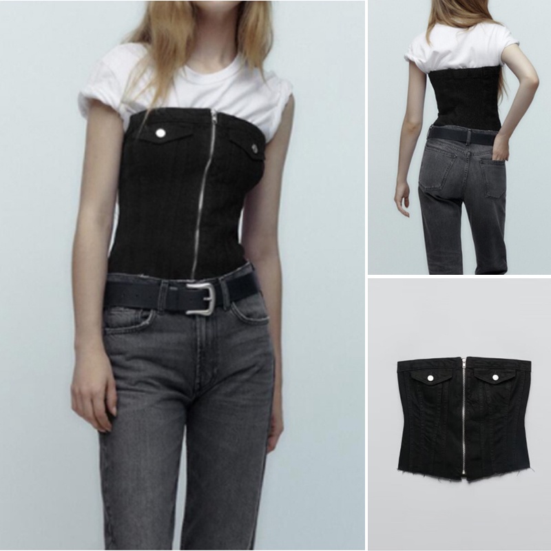 Áo Denim Ngắn Bó Sát Có Túi Và Khóa Kéo Phong Cách Mùa Xuân Hàng Mới Trf 238197244