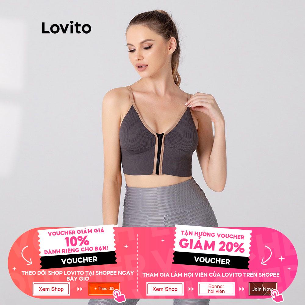 Yoga dây kéo tương phản hai mảnh Lovito áo ngực L05220 (Xám / Xanh dương)