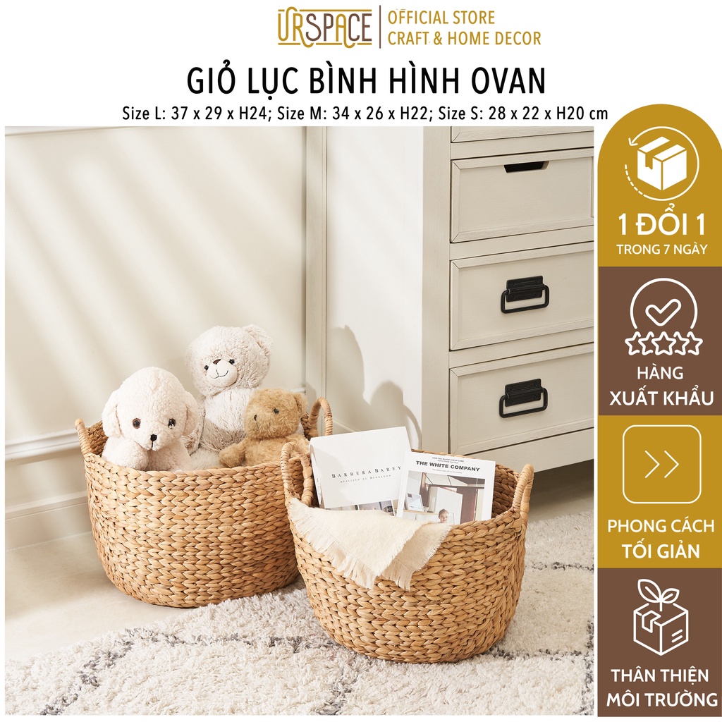 Giỏ lục bình đan đựng đồ URSPACE hình ovan có quai cầm đựng sách báo đồ chơi