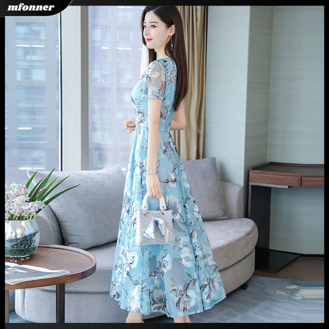 Đầm Dài Tay Ngắn Họa Tiết Hoa Thời Trang Mùa Hè Cho Nữ