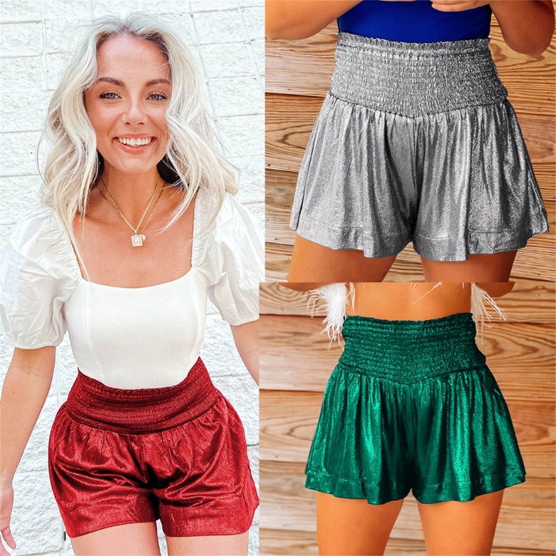 Xiangbao Quần Short Baggy Lưng Cao Dáng Rộng Co Giãn Màu Trơn Viền Bèo Nhún Lấp Lánh Dành Cho Nữ Dự Tiệc Sh