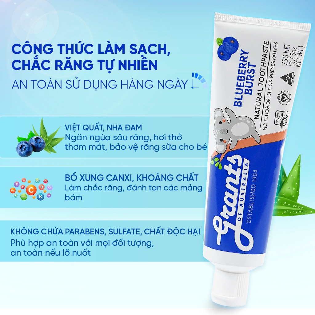 Kem Đánh Răng Thảo Dược Grants Vị Việt Quất An Toàn Cho Cả Gia Đình, Bổ Sung Canxi Và Khoáng Chất - Tuýp 75g