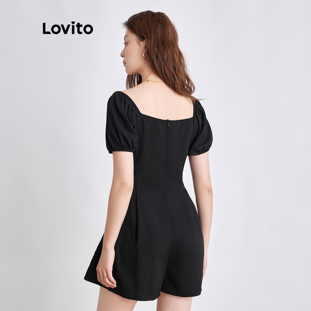 Lovito Bộ áo liền quần nữ có cổ vuông trơn màu trơn L35ED032 (Đen) | BigBuy360 - bigbuy360.vn