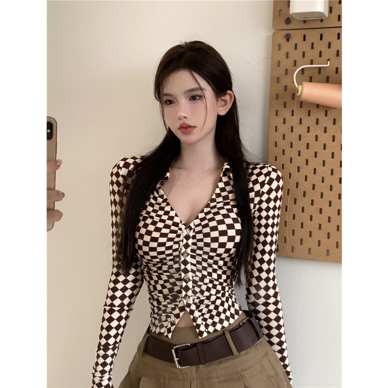 Áo Nữ Tay Dài Cổ Chữ V Họa Tiết Caro Thời Trang