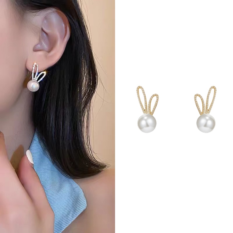 Bông Tai Bạc 2023 Hình Tai Thỏ Đính Ngọc Trai Thời Trang Cao Cấp